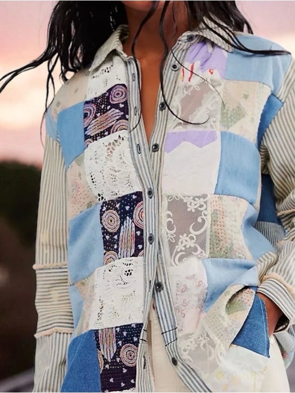 Free People x Tricia Fix Patchwork Craft Shirt Denim Lace Railroad Stripe XS/S